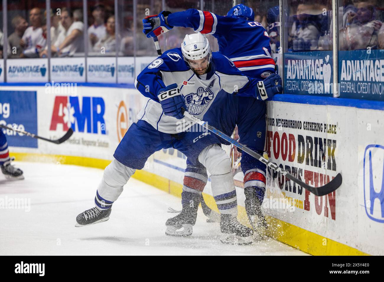 May 10th, 2024: Syracuse Crunch forward Gabriel Fortier (9) skates in the third period against the Rochester Americans. The Rochester Americans hosted the Syracuse Crunch in Game 5 of the American Hockey League Northeast Division Semifinals at Blue Cross Arena in Rochester, New York. (Jonathan Tenca/CSM) Stock Photo