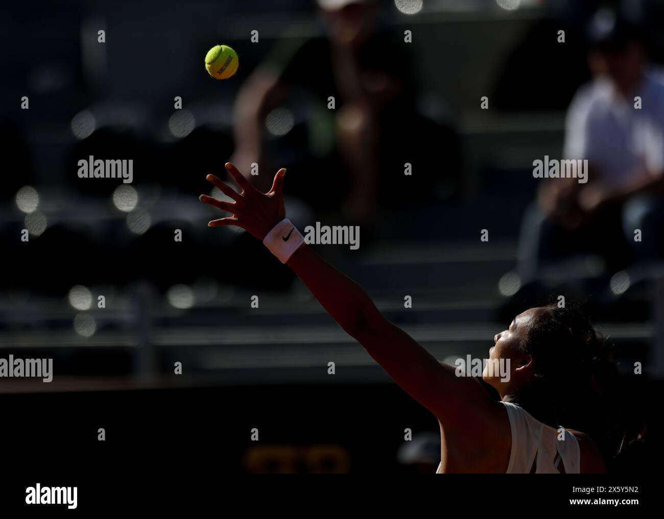 Rome, Italy. 11th May, 2024. Zheng Qinwen of China serves during women's singles round of 32 match against Linda Noskova of the Czech Republic at the WTA Italian Open in Rome, Italy, May 11, 2024. Credit: Li Jing/Xinhua/Alamy Live News Stock Photo