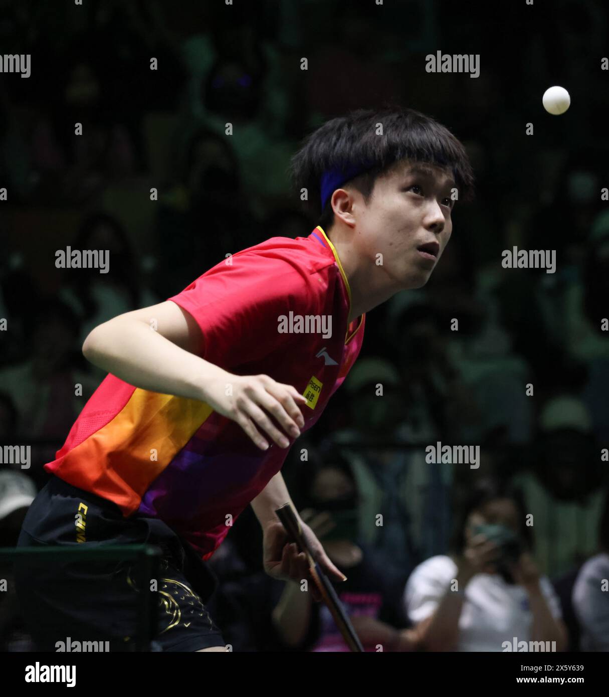 Jeddah, Saudi Arabia. 11th May, 2025. Wang Chuqin of China serves