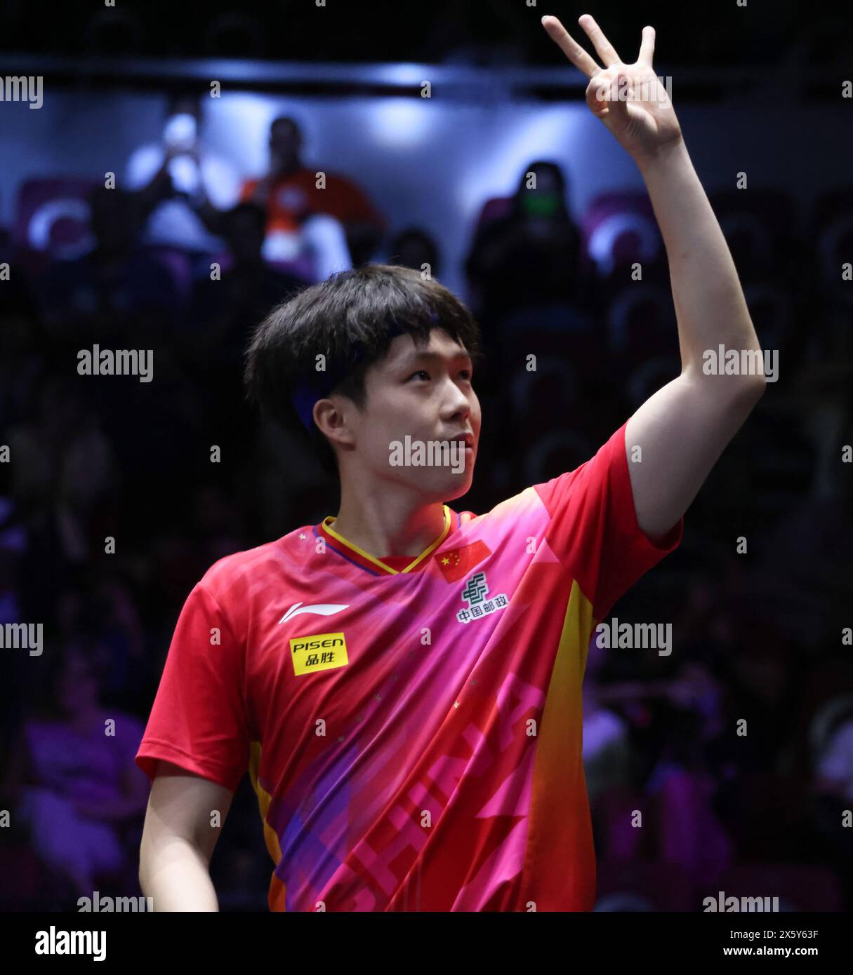 Jeddah, Saudi Arabia. 11th May, 2025. Wang Chuqin of China celebrates