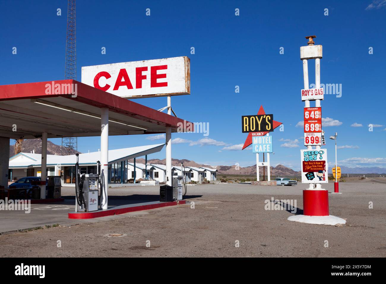 Located on historic Route 66 in Amboy, California, Roy's is a well known stop while traveling through the Mojave desert. Featured in numerous movies t Stock Photo