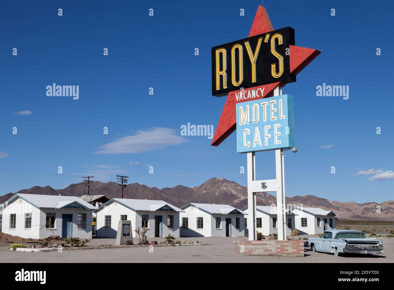 Located on historic Route 66 in Amboy, California, Roy's is a well known stop while traveling through the Mojave desert. Featured in numerous movies t Stock Photo