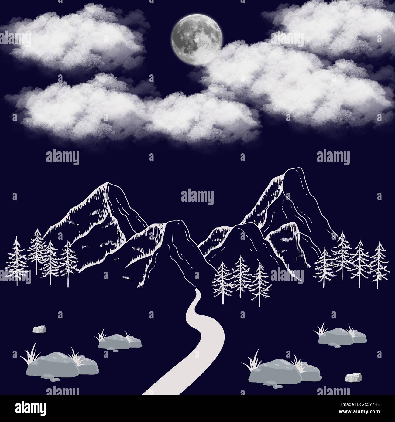 Drawing of the moon, with clouds, forest and a path to the mountains Stock Vector