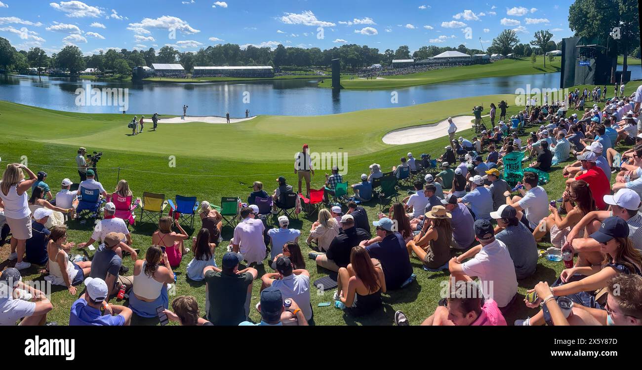 A panoramic view of the 14th green at Quail Hollow Club during the 2024
