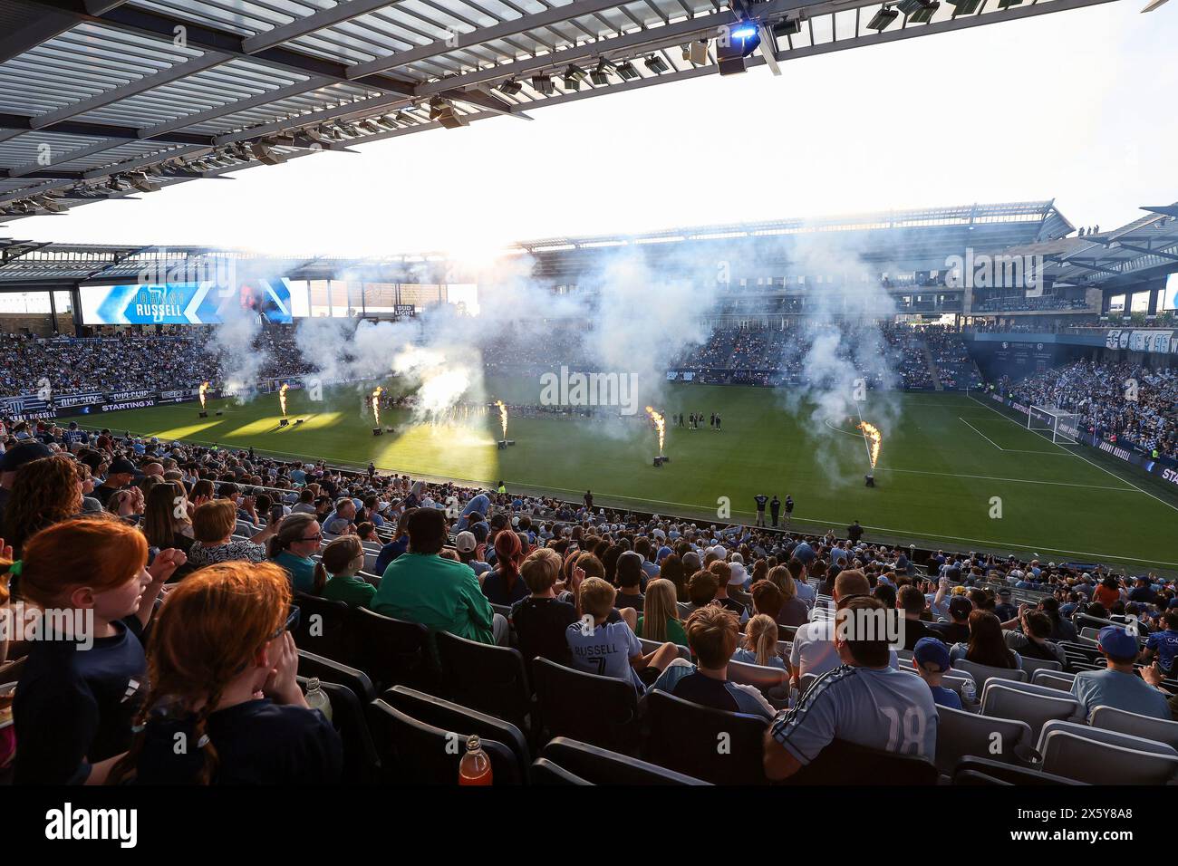 Kansas City, KS, USA. 11th Apr, 2024. Smoke and fire were present for Sporting Kansas City player introductions before the game against Houston Dynamo FC at Children's Mercy Park in Kansas City, KS. David Smith/CSM/Alamy Live News Stock Photo