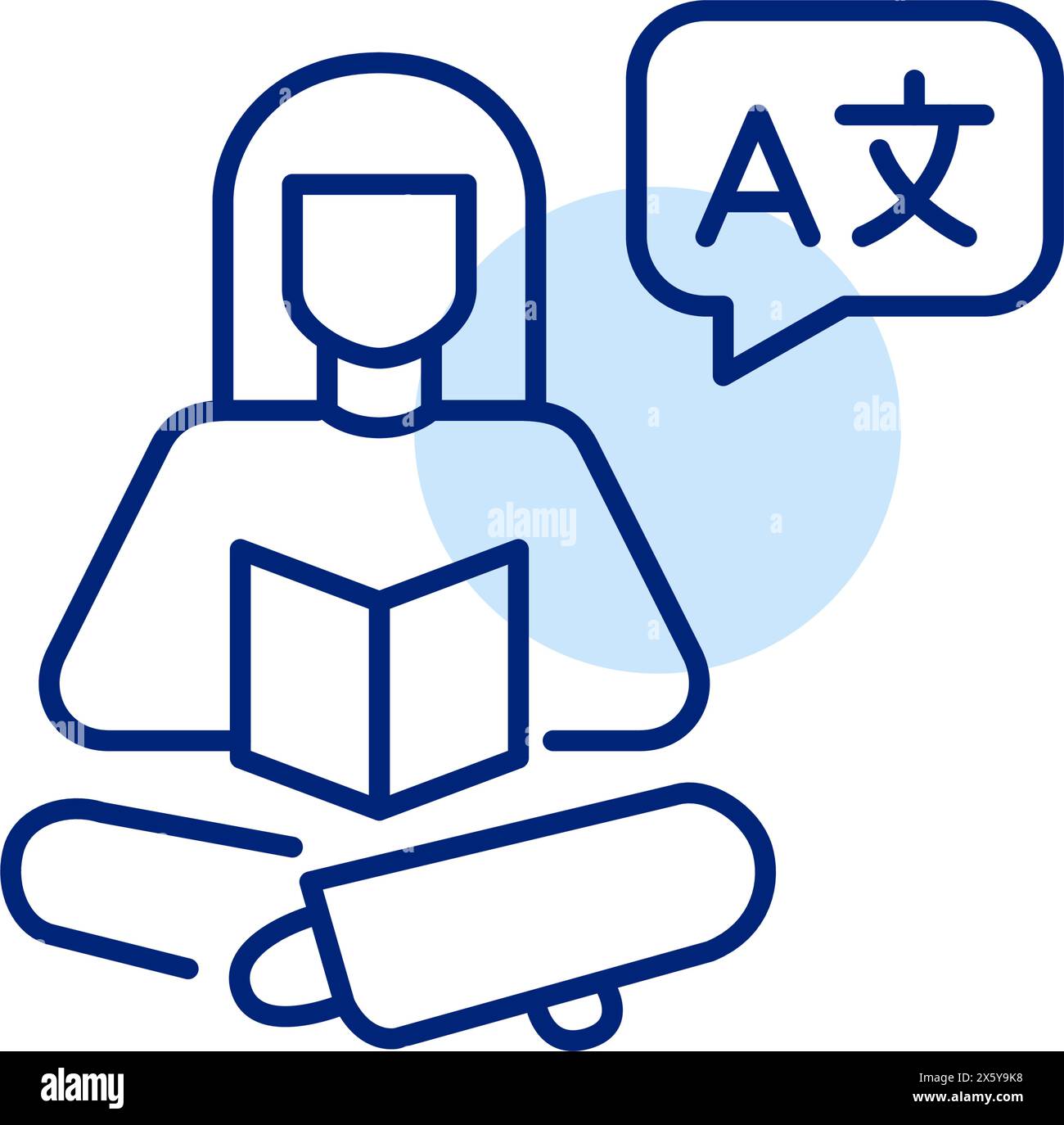 Woman reading a book with language symbols speech bubble. Learning languages through text books. Pixel perfect, editable stroke vector icon Stock Vector