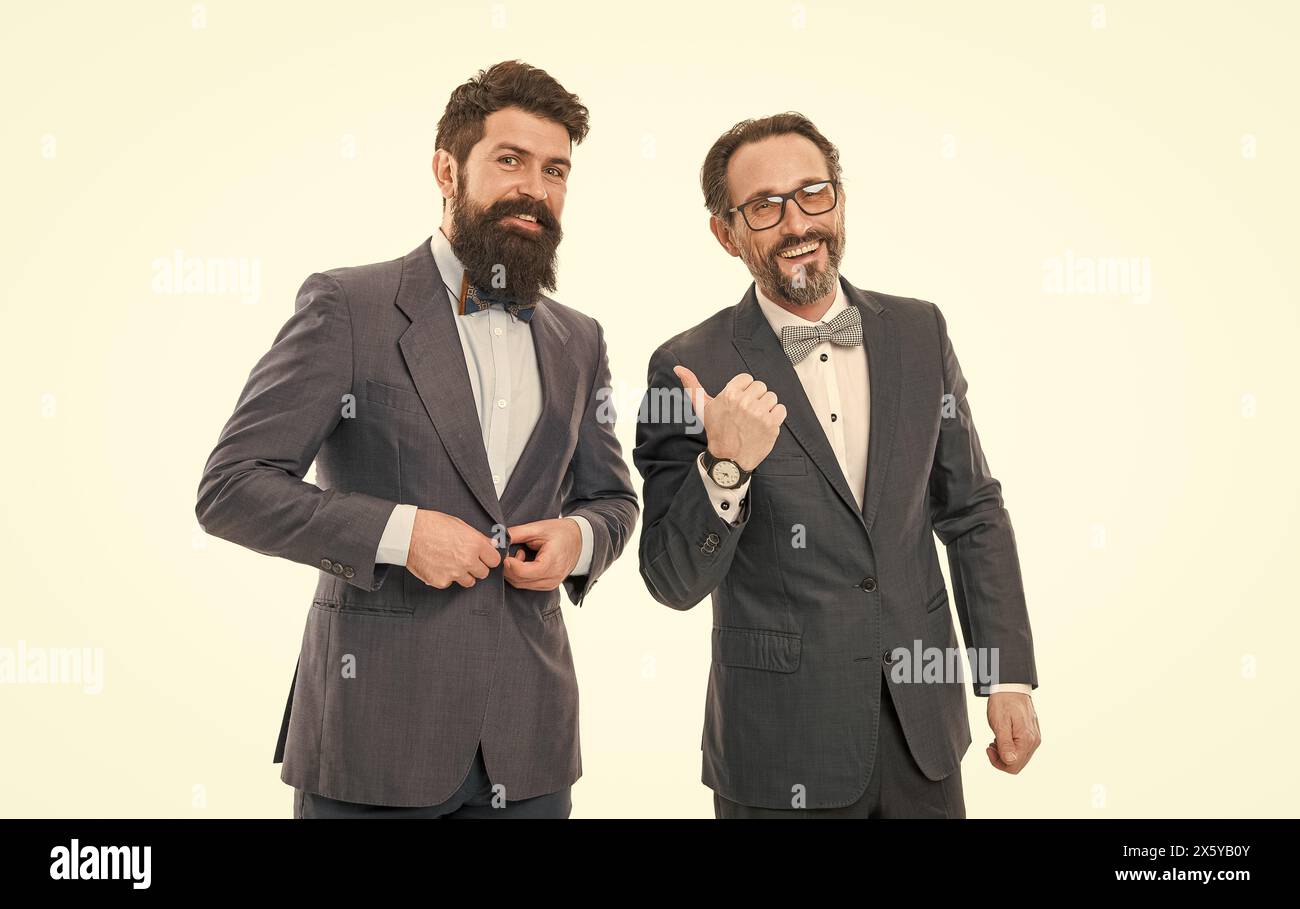 Making great decisions. mature men have own business. business meeting. team success. bearded businessmen in formal suit. partnership of boss men Stock Photo