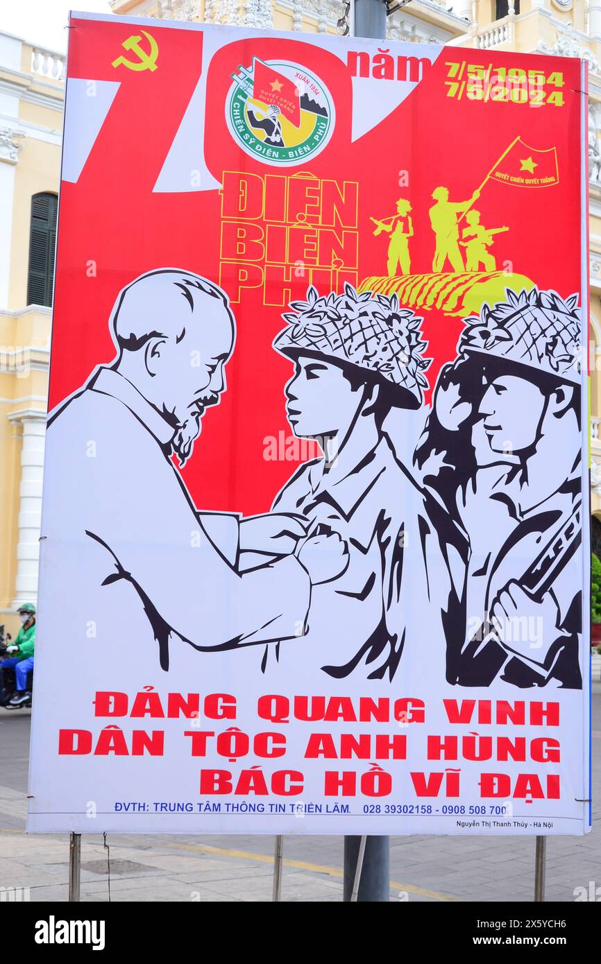 Poster  in Ho Chi Minh City, Vietnam, commemorates 70th anniversary of Điện Biên Phủ, a battle between a French army and  Viet Minh communists Stock Photo