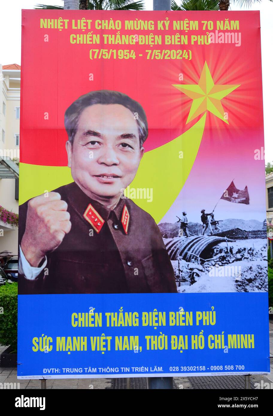 Poster  in Ho Chi Minh City, Vietnam, commemorates 70th anniversary of Điện Biên Phủ, a battle between a French army and  Viet Minh communists Stock Photo