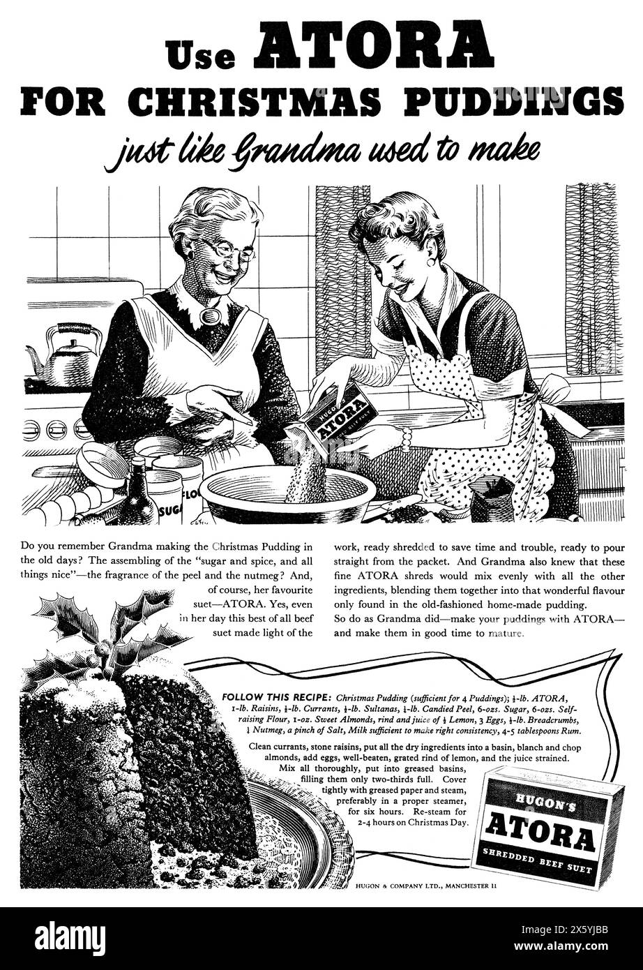 1955 British Christmas advertisement for Hugon's Atora shredded beef suet. Stock Photo