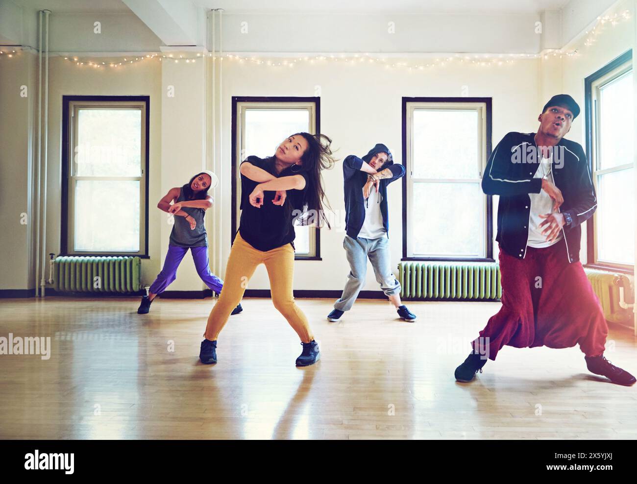 Hip hop, breakdance and group in studio with culture or rehearsal with style for rhythm with energy. People, industry and talent for expression with Stock Photo