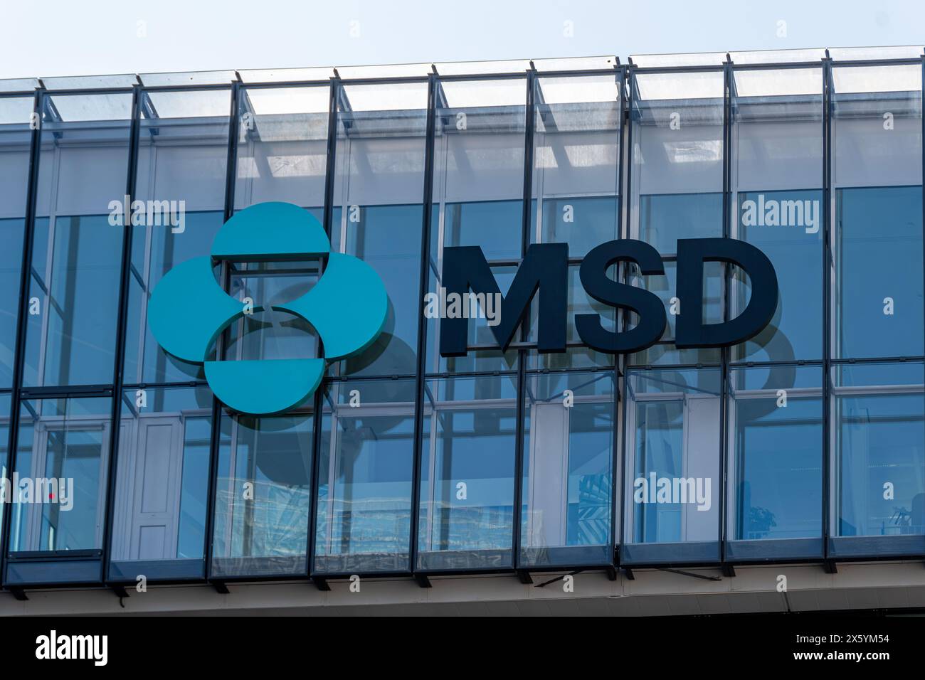 Sign and logo on the headquarters of Merck Sharp and Dohme (MSD) France, French subsidiary of the American pharmaceutical group Merck and Co. Inc. Stock Photo