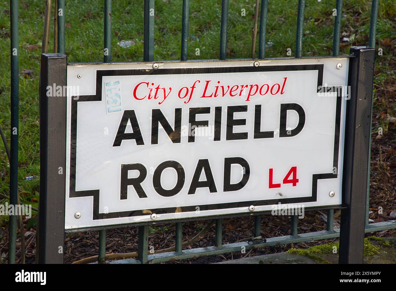 England, Liverpool - December 29, 2023: Anfield Road street sign. Stock Photo