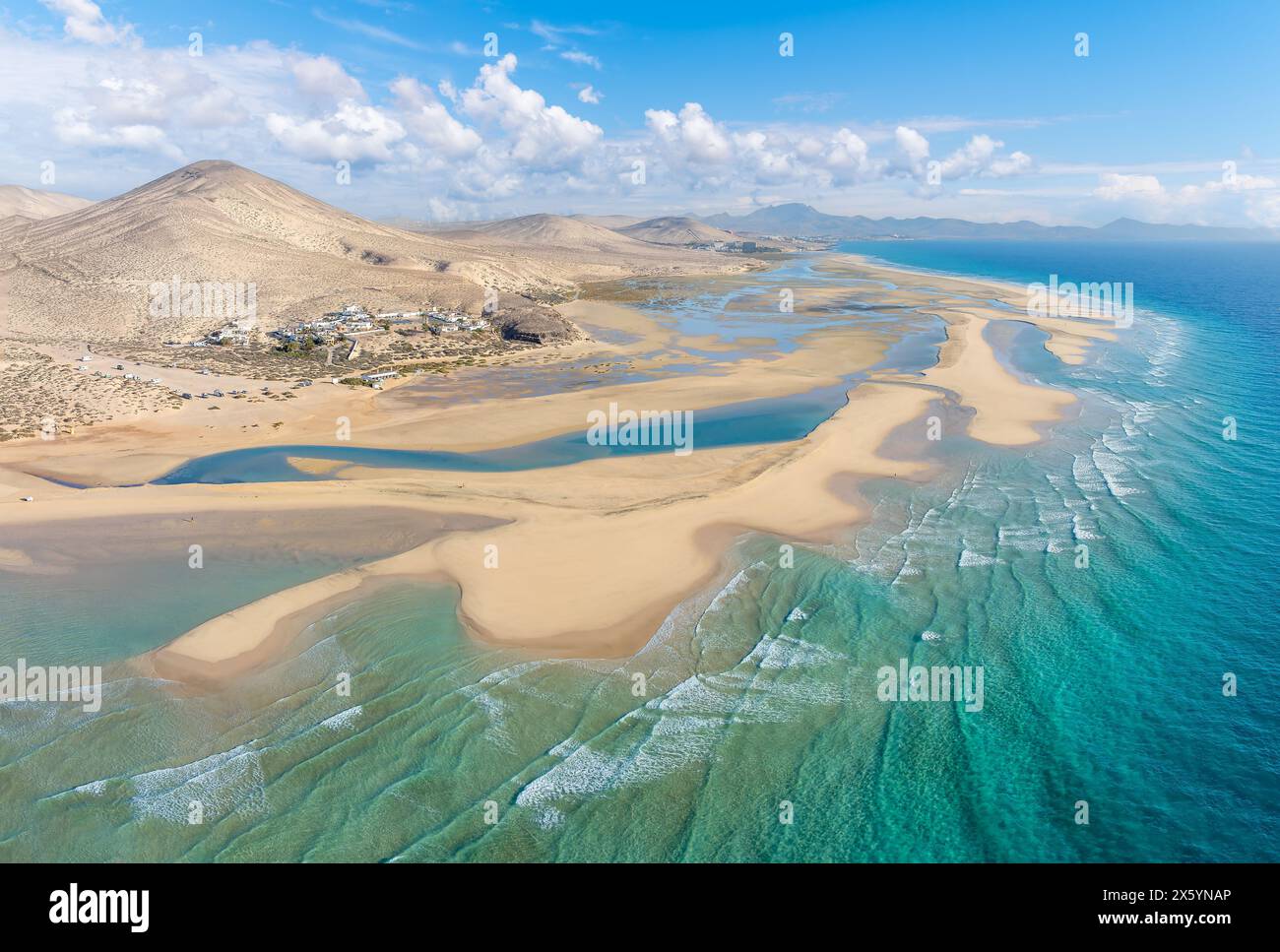 Playa de Sotavento, Fuerteventura: a breathtaking aerial view of crystal-clear lagoons and sweeping sand dunes on this iconic Canary beach. Stock Photo