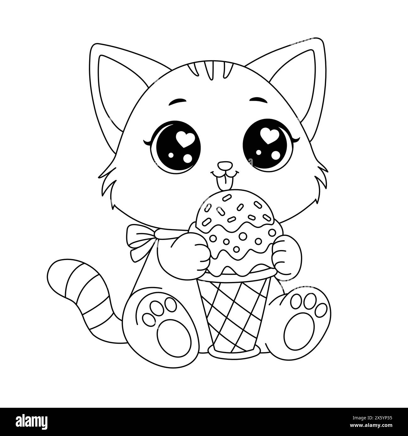 Cute Cat Eating Ice Cream. Kitty Coloring Page. Rainbow Kitten Loves Ice-Cream Cartoon Vector Illustration Stock Vector
