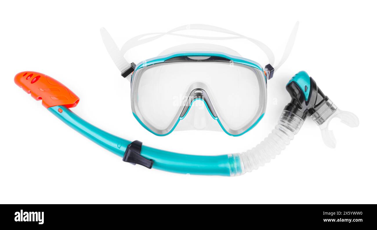 Turquoise diving mask and snorkel isolated on white, top view. Sports ...