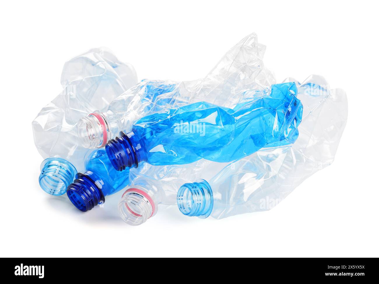 Crumpled disposable plastic bottles on white background Stock Photo - Alamy