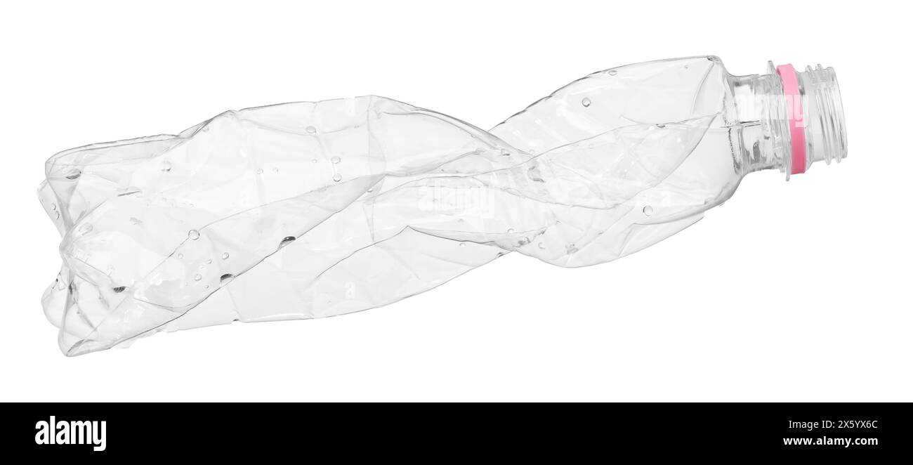 Crumpled disposable plastic bottle isolated on white Stock Photo - Alamy