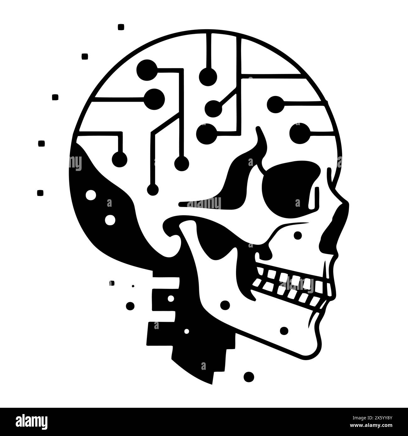 a black and white drawing of a skull with a circuit board inside of it ...