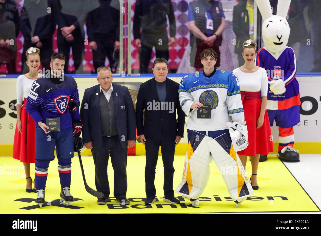 Ostrava, Czech Republic. 11th May, 2024. CANTAGALLO Enzo of France (L) and Pierre-Yves Gerbeau president of the French Ice Hockey Federation (L) and Asqar Uzaqbaiuly Mamin president of the French Ice Hockey Federation (R) SHUTOV Andrey Of Kazakhstan (R) with best player awards IIHF Ice Hockey World Championship 2024 match between France and Kazakhstan at Ostravar Arena Ostrava, Czechia Final score; France 1:3 Kazakhstan Credit: SOPA Images Limited/Alamy Live News Stock Photo