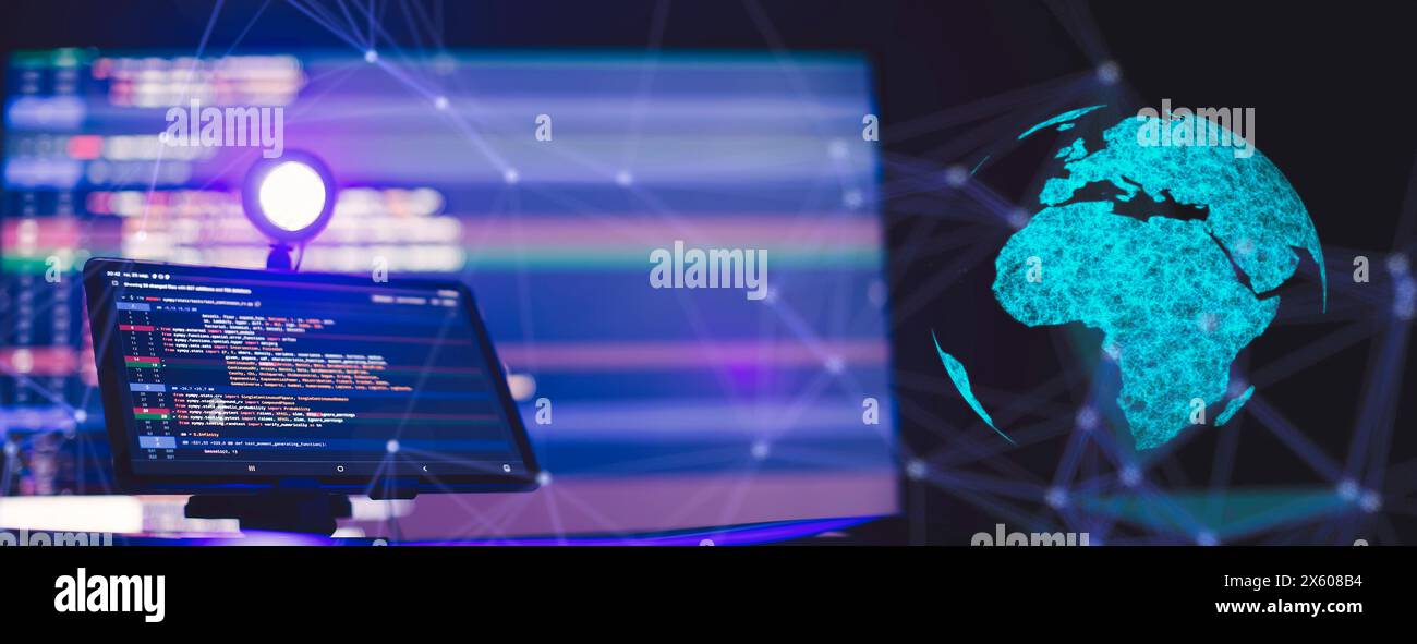 Work from home. Programmer coding code on notebook screen at Stock Photo