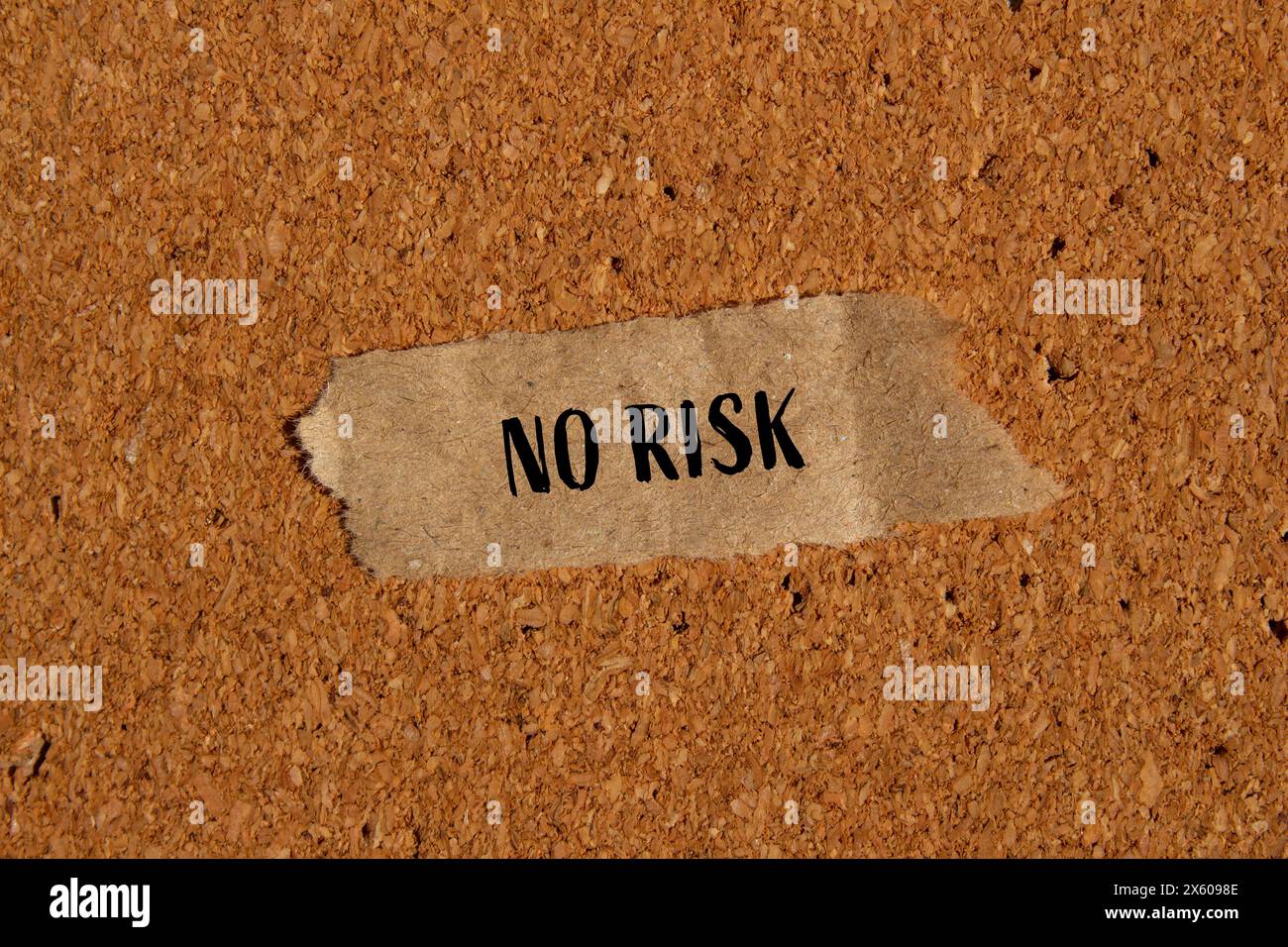 No risk words written on ripped paper piece with brown background. Conceptual no risk symbol. Copy space. Stock Photo