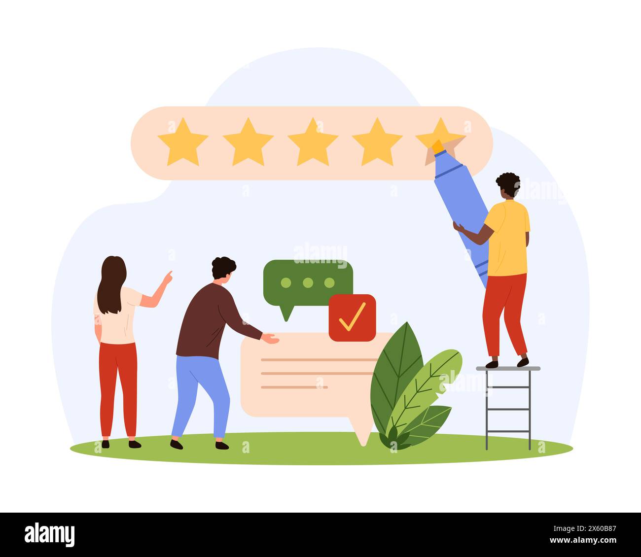 Customer feedback, review service. Tiny people with marker write five ...
