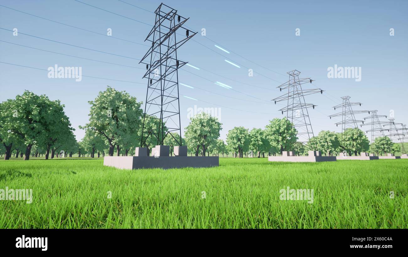 Electrical impulse moves through wires Power transmission towers 3d