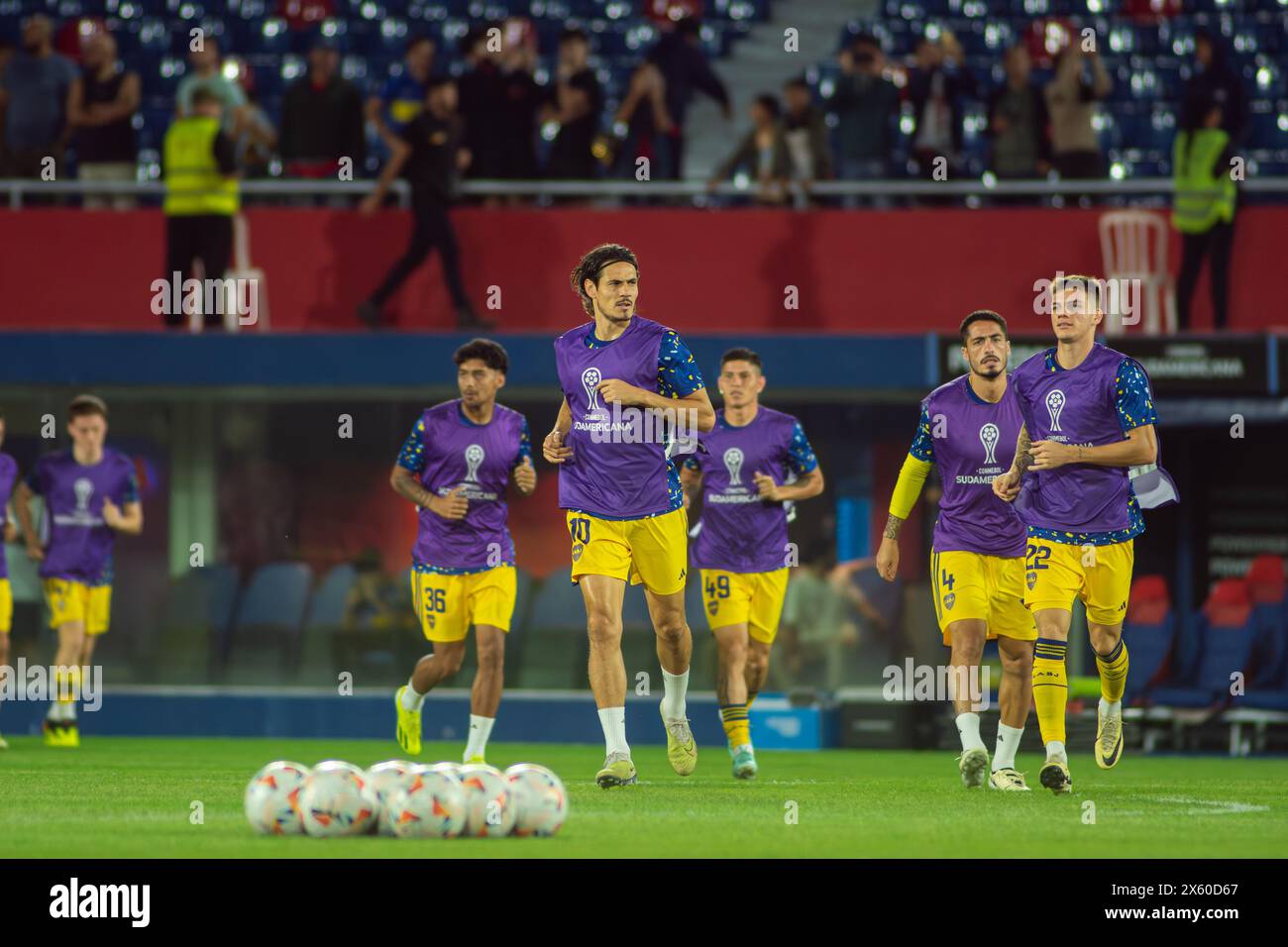 Boca Jrs players warm up Sportivo Trinidense (1) v Club Atletico Boca