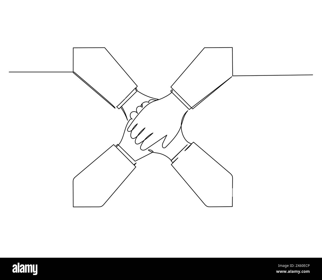 Continuous single one drawing four hands placed on top of each other