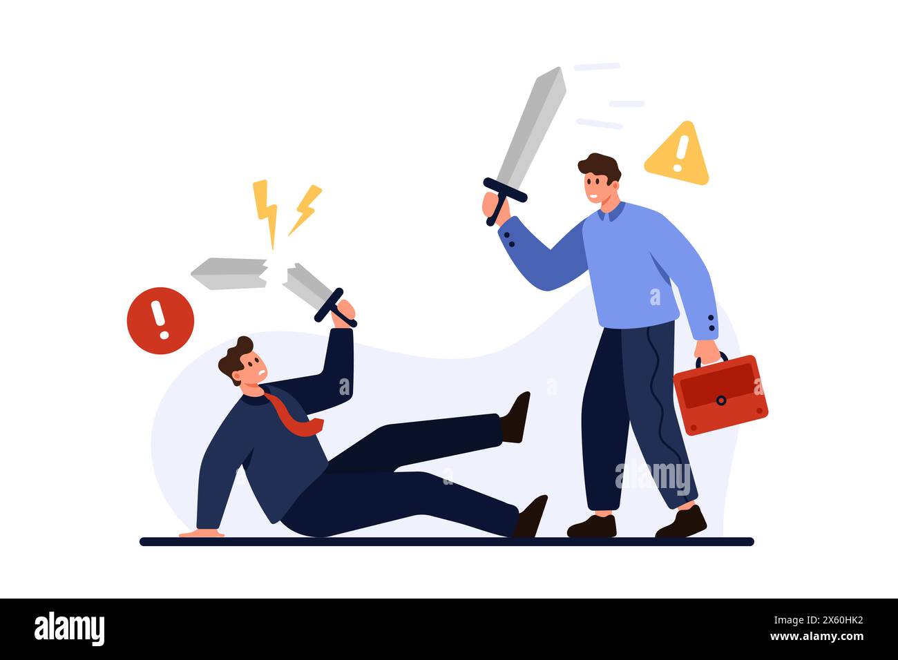 Business competition of office workers. Tiny strong businessman with briefcase breaking competitors sword, end of fight between two people with success and victory cartoon vector illustration Stock Vector