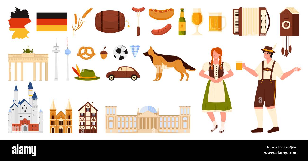 Travel to Germany, national culture symbols and characters set. German man and woman, food of Oktoberfest festival and Bavarian beer, building landmarks and flag on map cartoon vector illustration Stock Vector