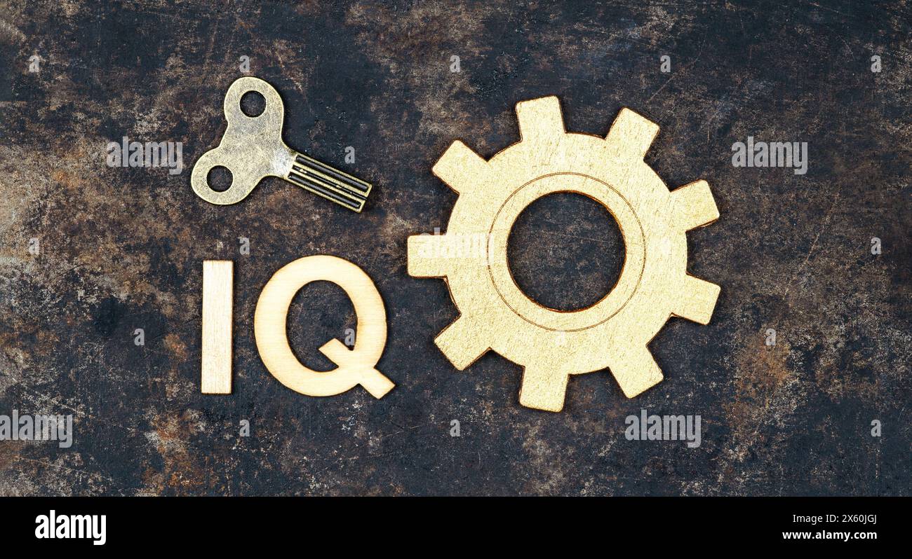 Key and gear. Intelligence quotient, iq test score and level banner. Stock Photo