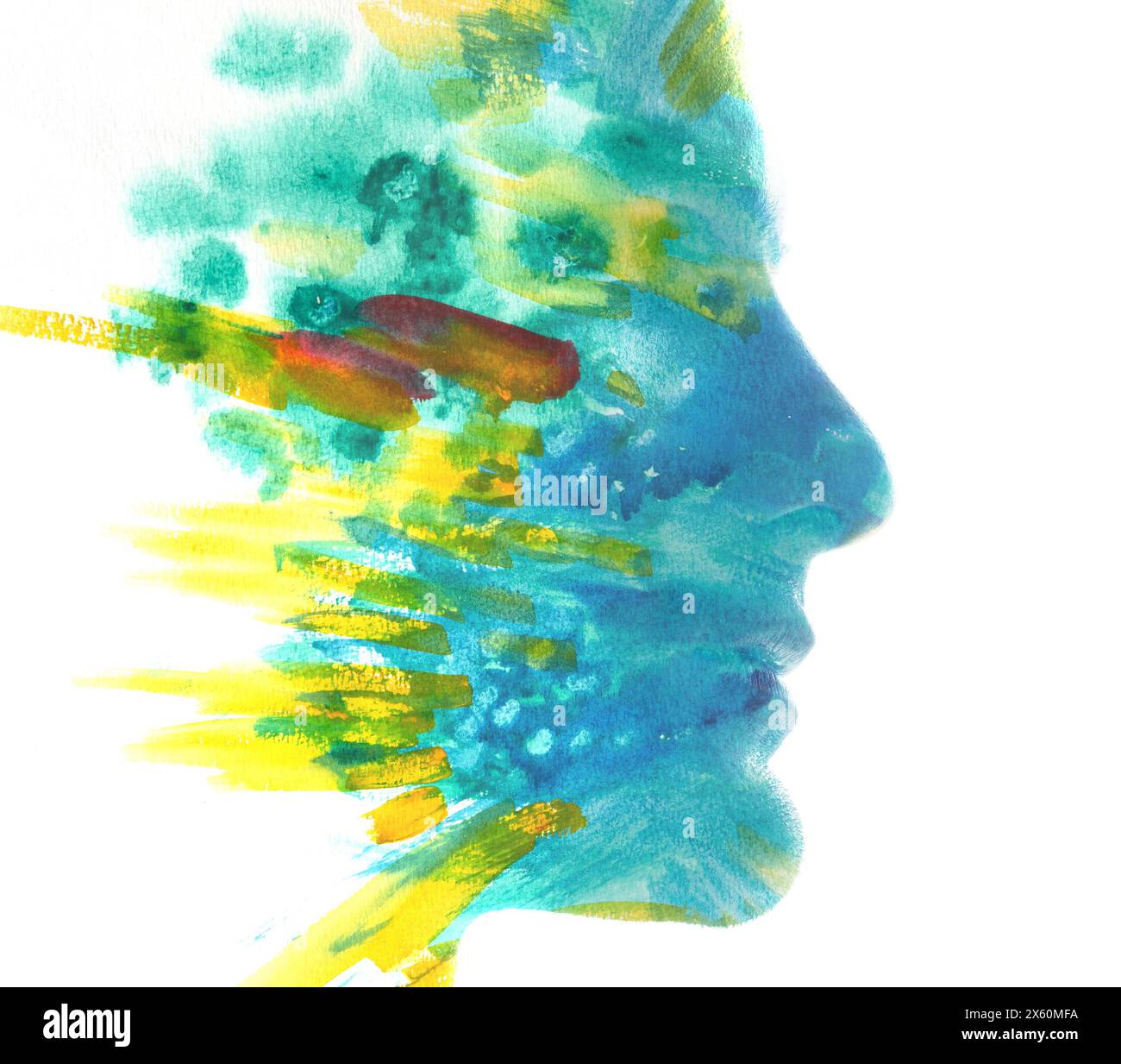 An abstract colorful watercolor profile silhouette of a man. A ...
