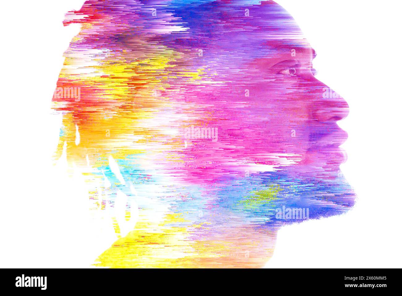 A colorful 3D glitch double exposure profile portrait of a young man Stock Photo