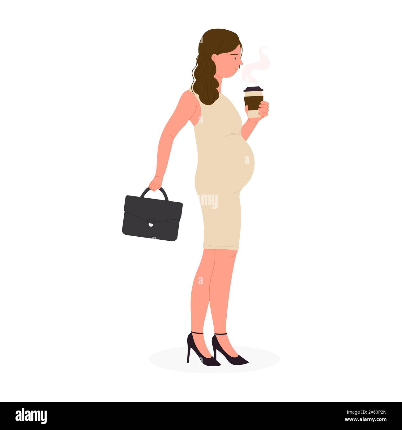 Stylish pregnant woman in dress holding cup of coffee and bag vector ...