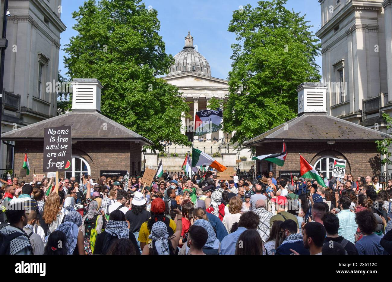 London, UK. 11th May 2024. Protesters outside UCL. Pro-Palestine protesters marched from SOAS (School of Oriental and African Studies) to UCL (University College London), both part of the University of London, as Israel continues its attacks on Gaza. Credit: Vuk Valcic/Alamy Live News Stock Photo