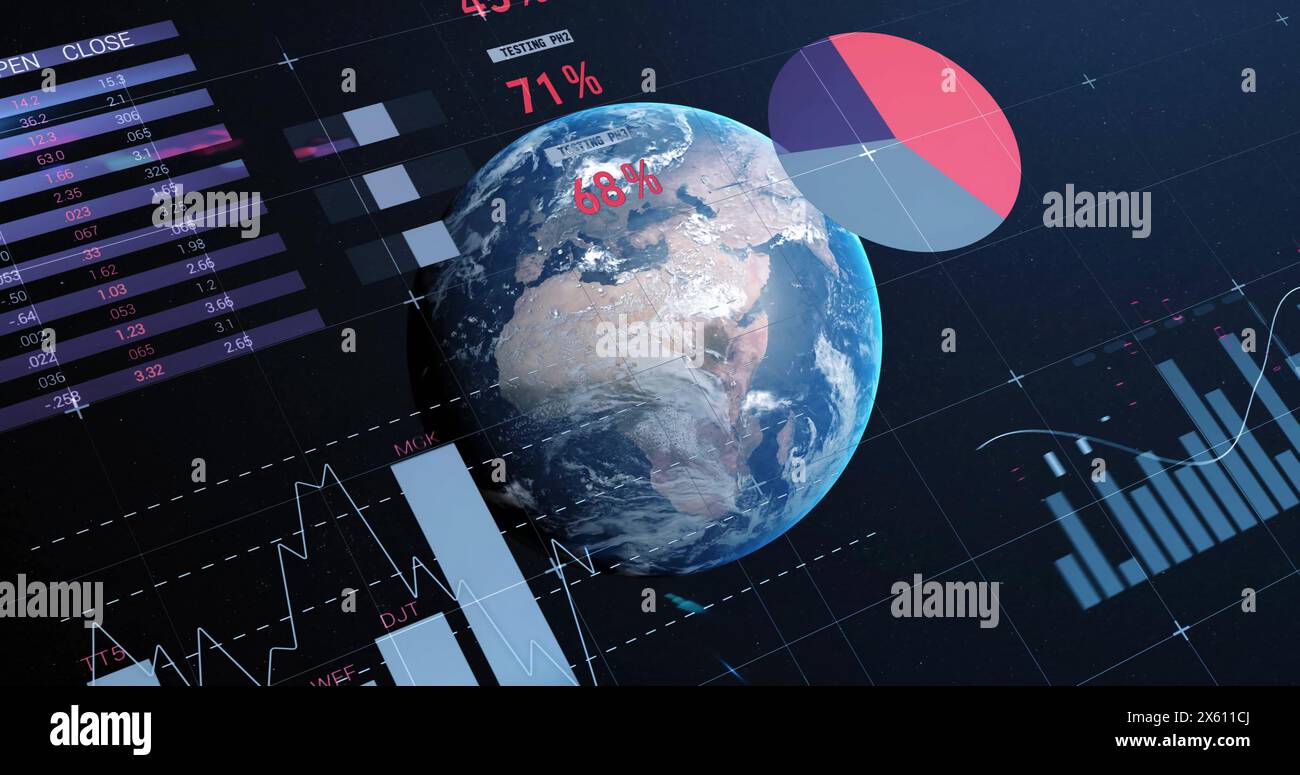 Image of multicolored infographic interface and globe over black background Stock Photo