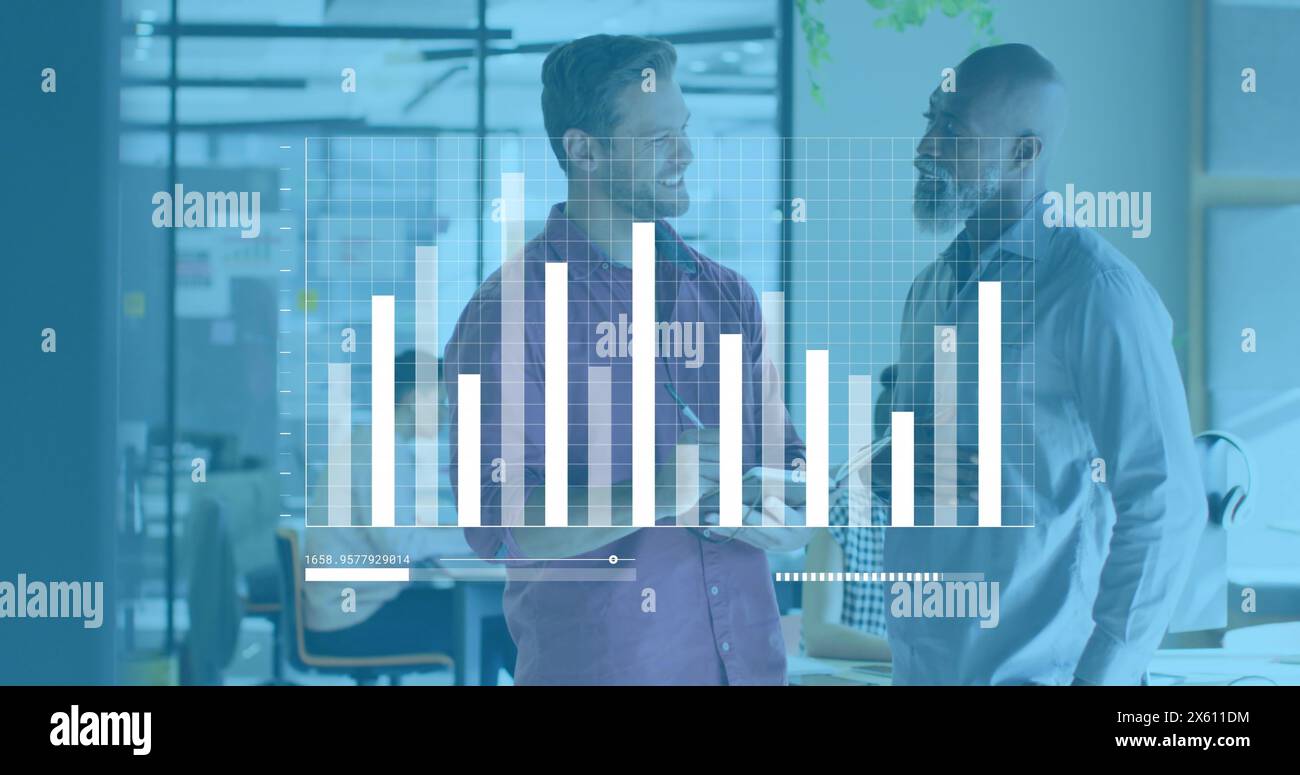Image of statistical data processing against two diverse men discussing at office Stock Photo