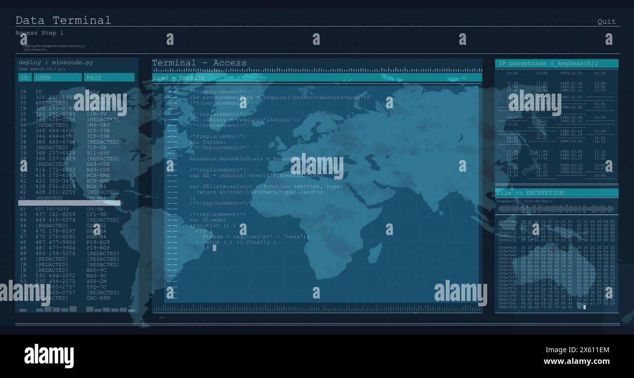 Image of computer language in terminal interface and map over black ...