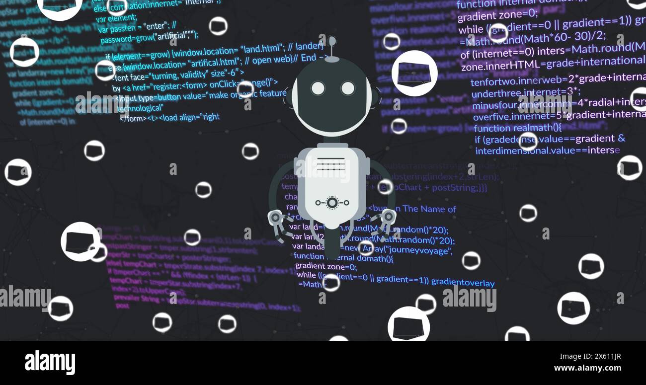 Image of ai chat bot and icons over data processing background Stock Photo