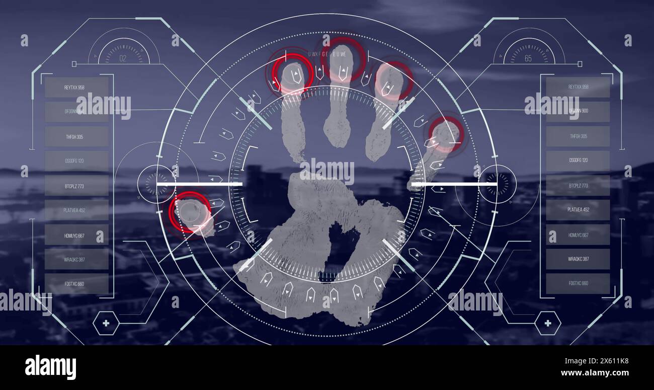 Image of data processing over biometric handprint Stock Photo