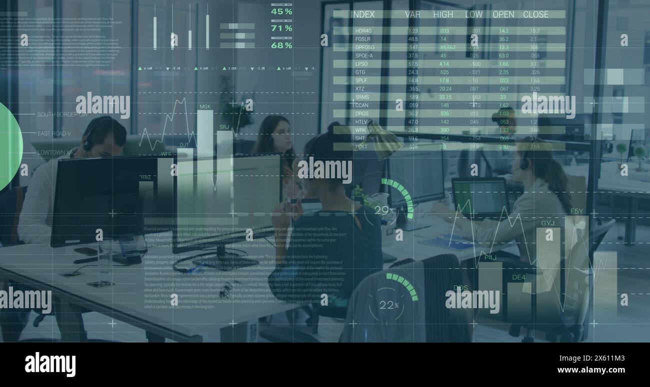 Image of statistical data processing against diverse people working at office Stock Photo