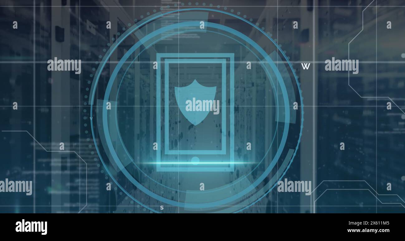 Image of shield icon and data processing over computer servers Stock Photo