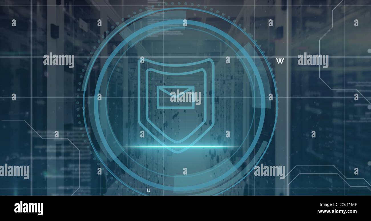 Image of shield icon and data processing over computer servers Stock Photo