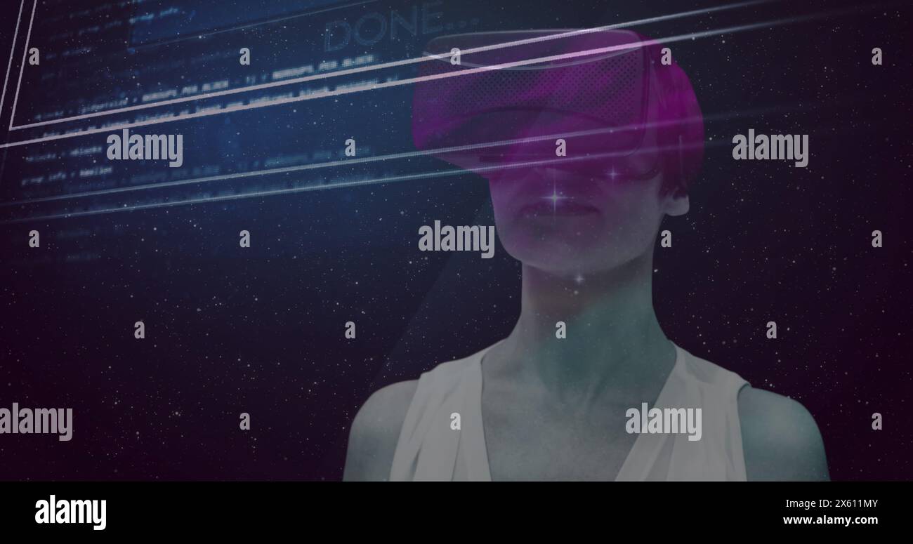 Image of data processing over woman using vr headset Stock Photo