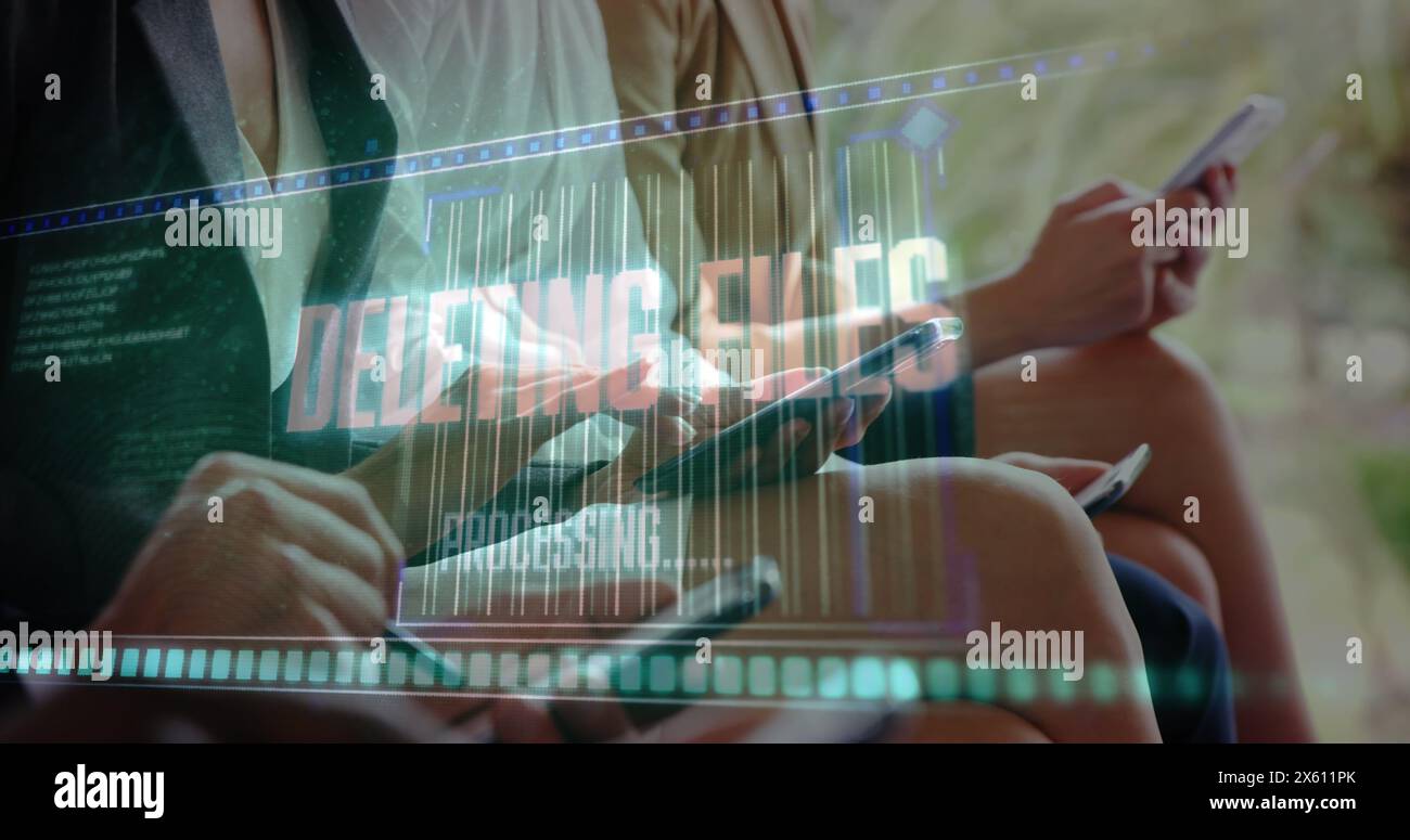 Image of data processing over people using digital devices Stock Photo