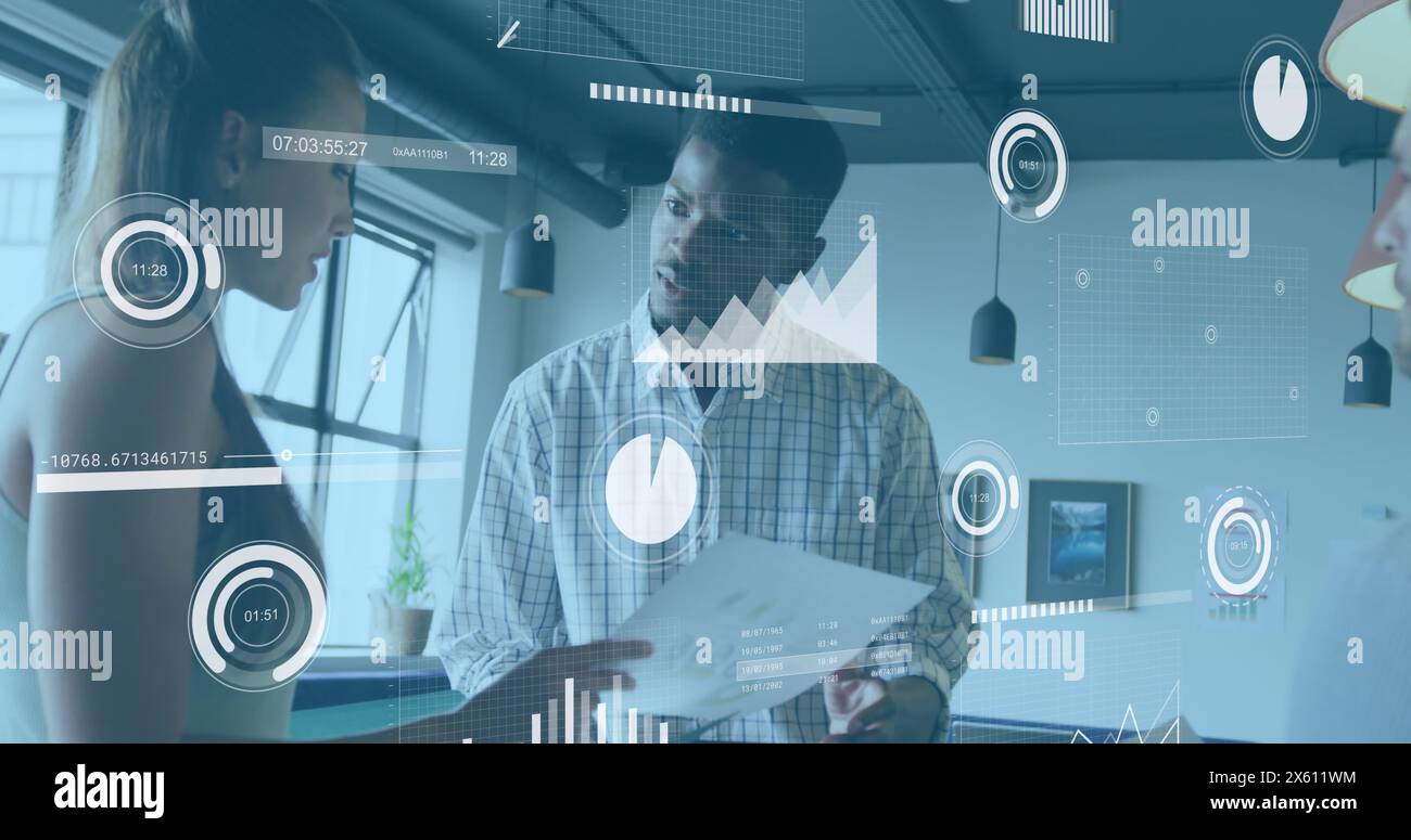 Image of data processing against diverse man and woman discussing over ...