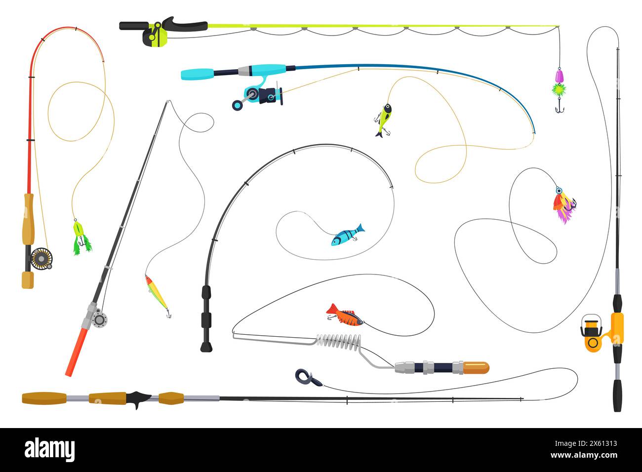 Fishing rods set, angling equipment. Fisherman tackles collection of different poles with reels and baits, fishers gear to catch fish on lure in sea, lake or pond water cartoon vector illustration Stock Vector