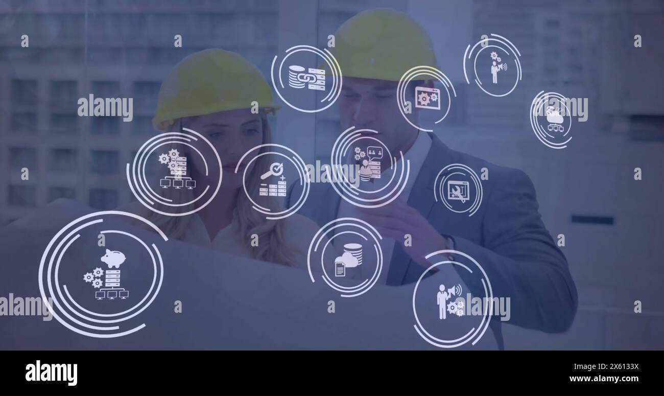 Image of icon in loading circles over caucasian engineers discussing ...